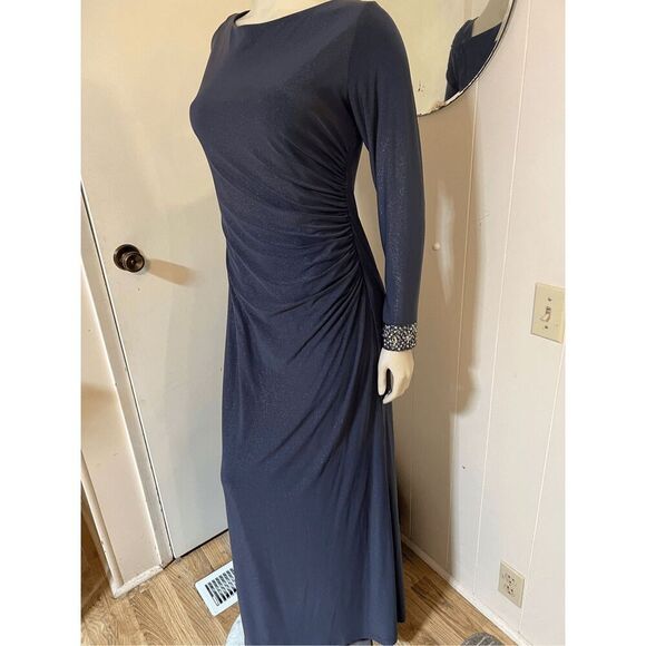 Alex Evenings Glittery Dark Gray Ruched Side floor Lengh Gown W/jeweled cuffs 8 - Picture 6 of 11